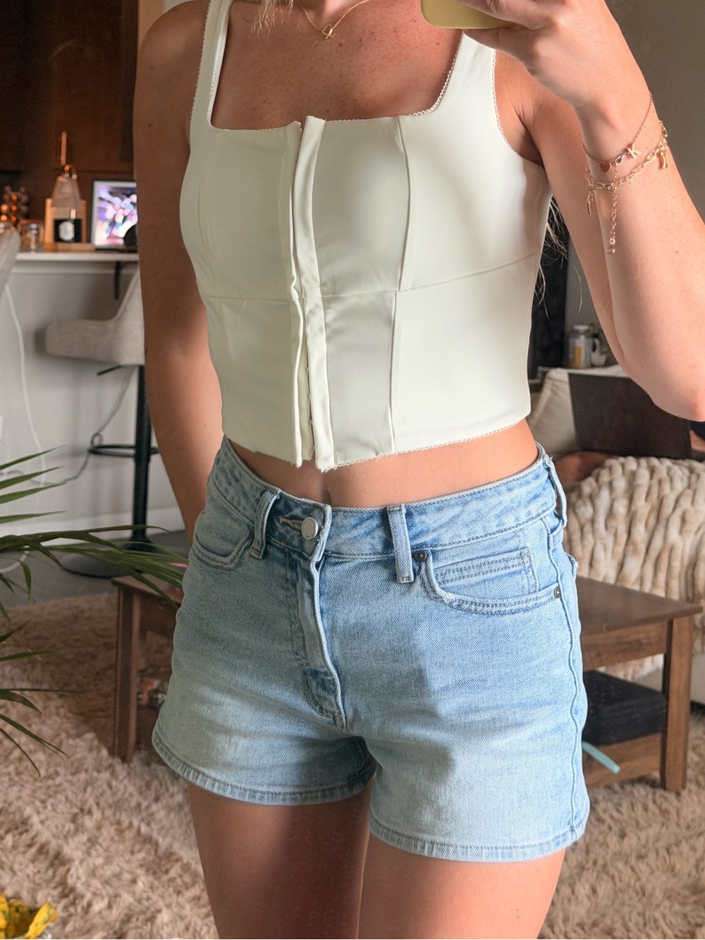 Square-Neck Corset Crop Top - Cream